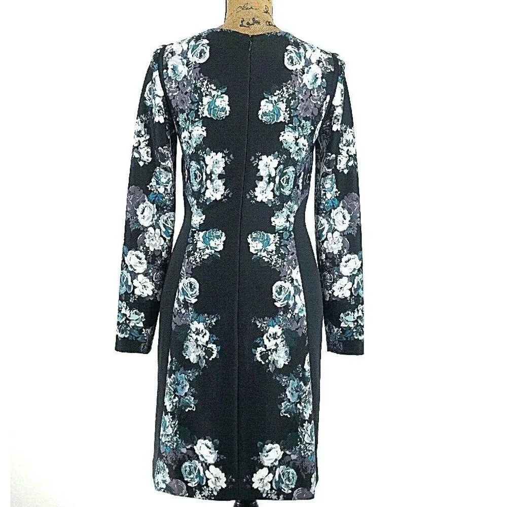 Antonio Melani Dress 6 Black Muted Purple Teal Floral Long Sl‎ Stretch